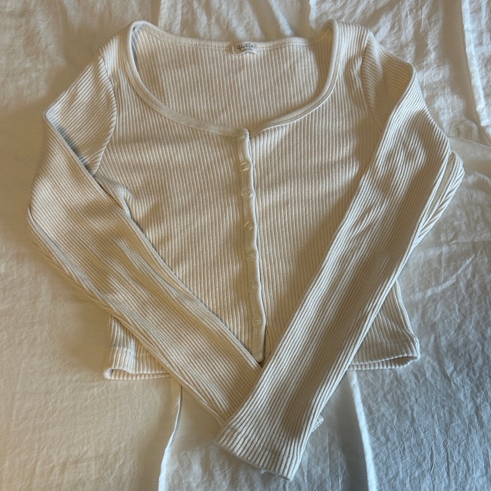 Brandy Melville Cream Ribbed Button-Up Shirt